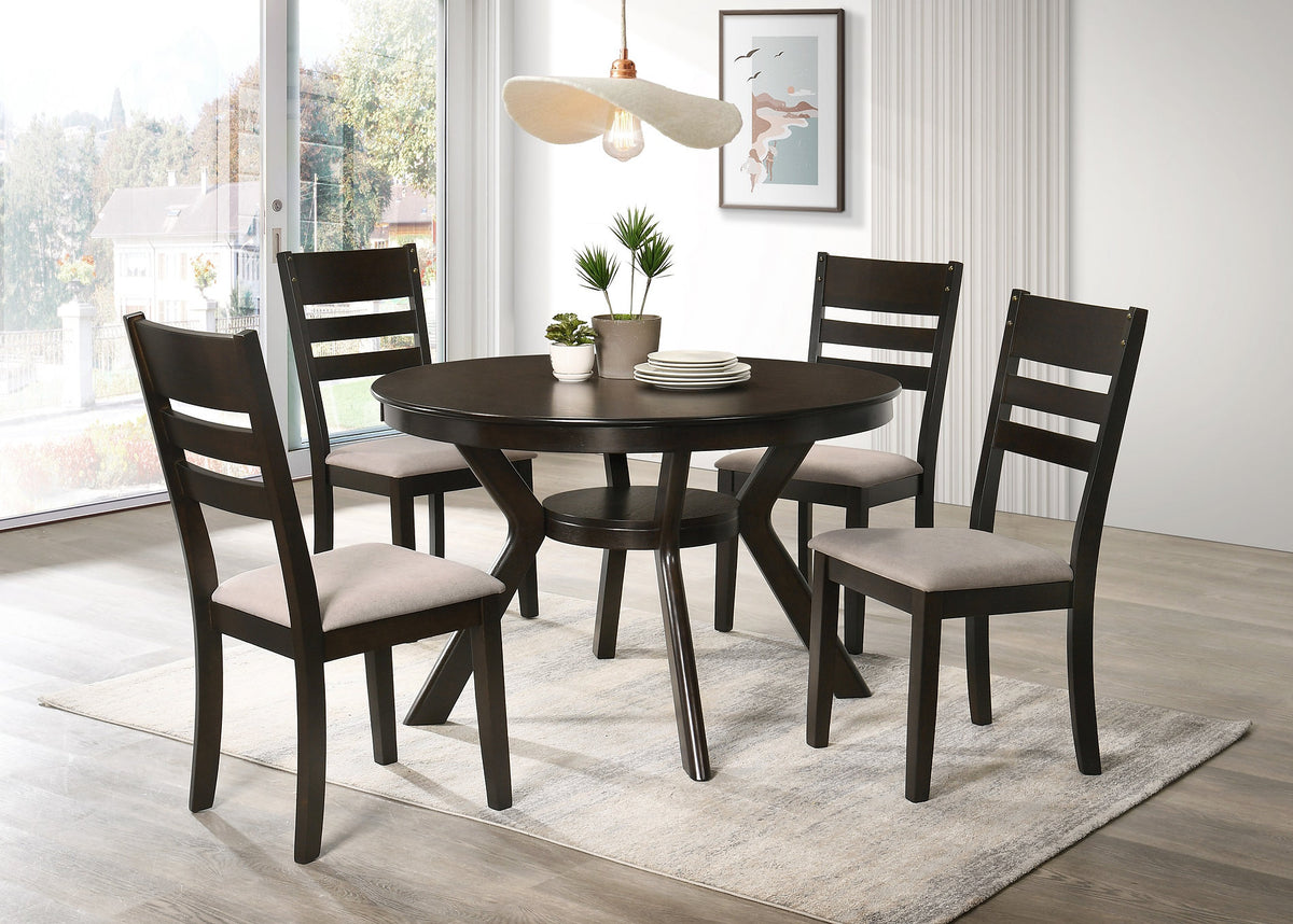 5-Piece 48" Round Dining Set with Storage Shelf & Creme Upholstered Ladder Back Chairs – Espresso | I1085 C1092