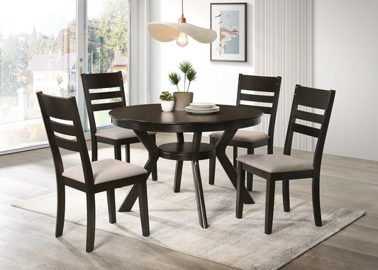 5-Piece 48" Round Dining Set with Storage Shelf & Creme Upholstered Ladder Back Chairs – Espresso | I1085 C1092
