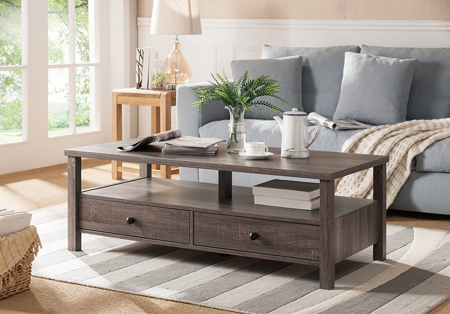 Modern Coffee Table with Storage Drawers & Shelf-I3220