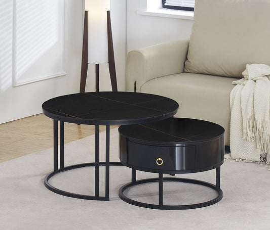 Modern 2-Piece Nesting Coffee Table Set – Marquina Midnight Black Stone Top-2667