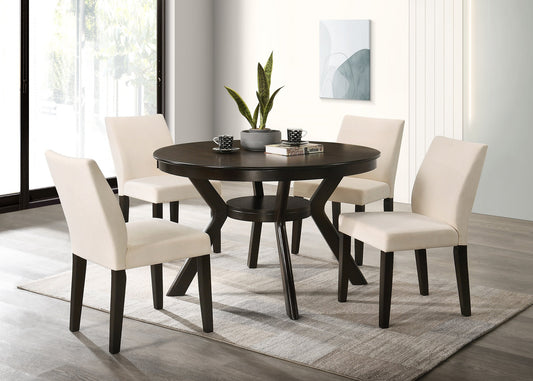 5-Piece 48" Round Dining Set with Storage Shelf & Creme Upholstered Parson Chairs – Espresso | I1085 C1085