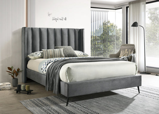 Modern Grey Velvet Wingback Platform Bed-I5230