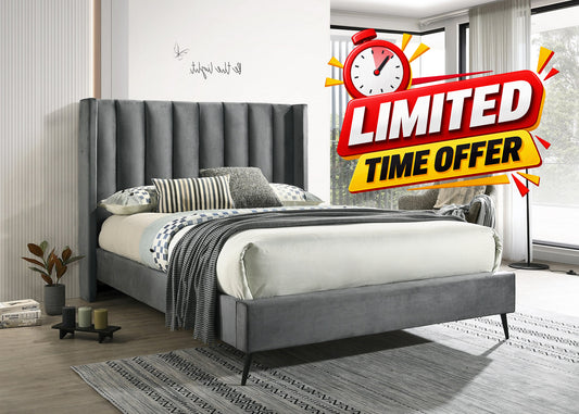 Grey Velvet Wingback Platform Bed with Vertical Tufted Headboard-I5230