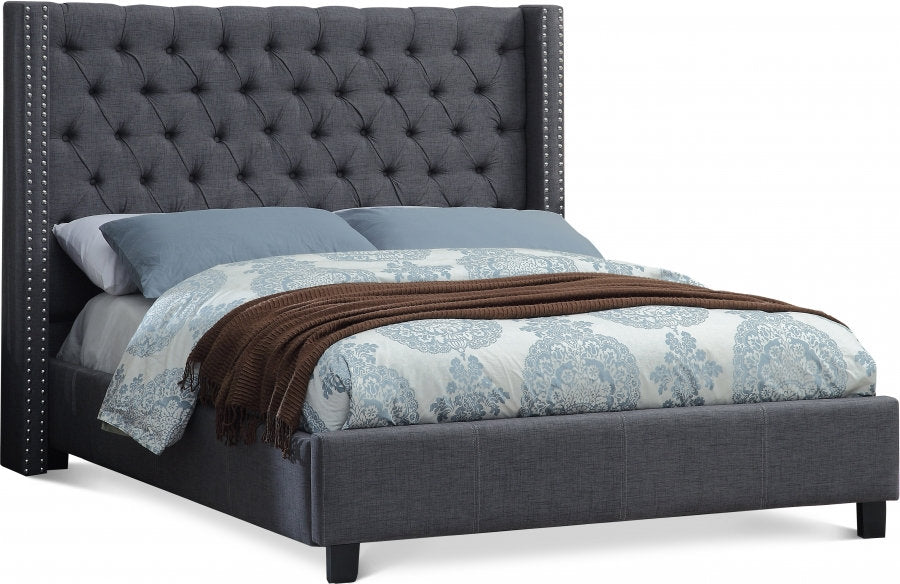 Grey Fabric Wing Platform Bed with Deep Button Tufting & Nailhead Details-I5897