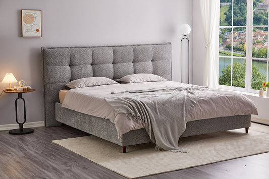 Soft Grey Boucle Platform Bed -I5940