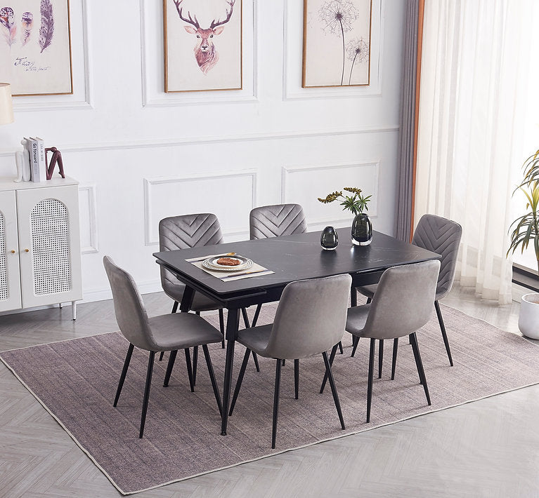 Extendable Sintered Stone Dining Table Set with Grey Velvet Chairs-I1817