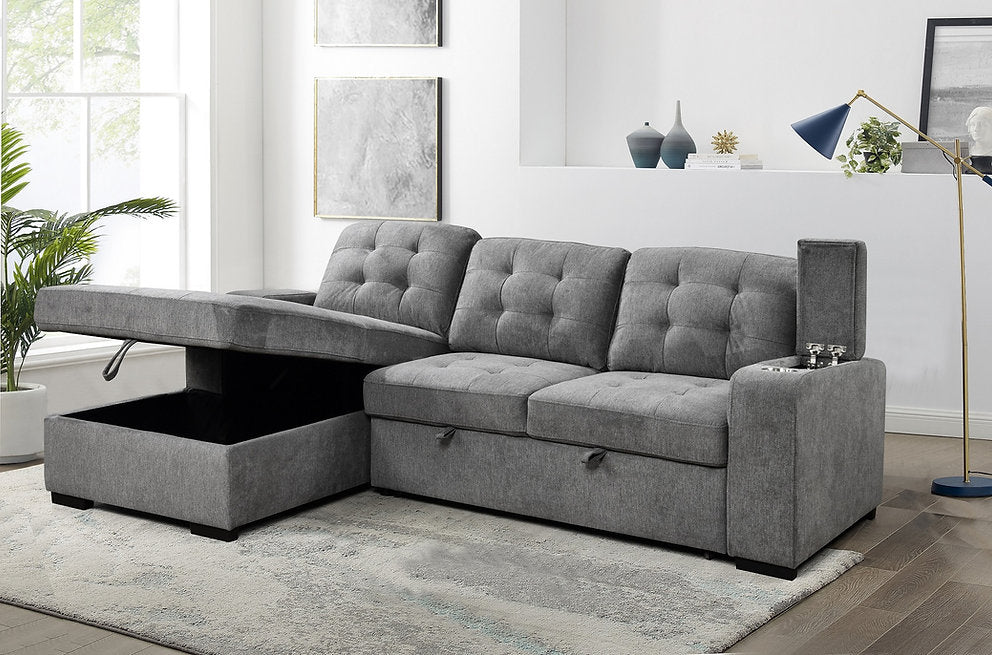 Pull-Out Sofa Bed Sectional with Storage Chaise & Cup Holders-I9050(1)
