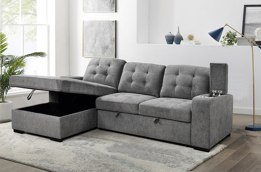 Pull-Out Sofa Bed Sectional with Storage Chaise & Cup Holders-I9050(1)