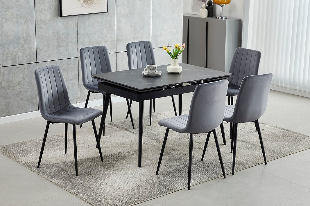 Extendable Sintered Stone Dining Table Set with Grey Velvet Chairs-I1472