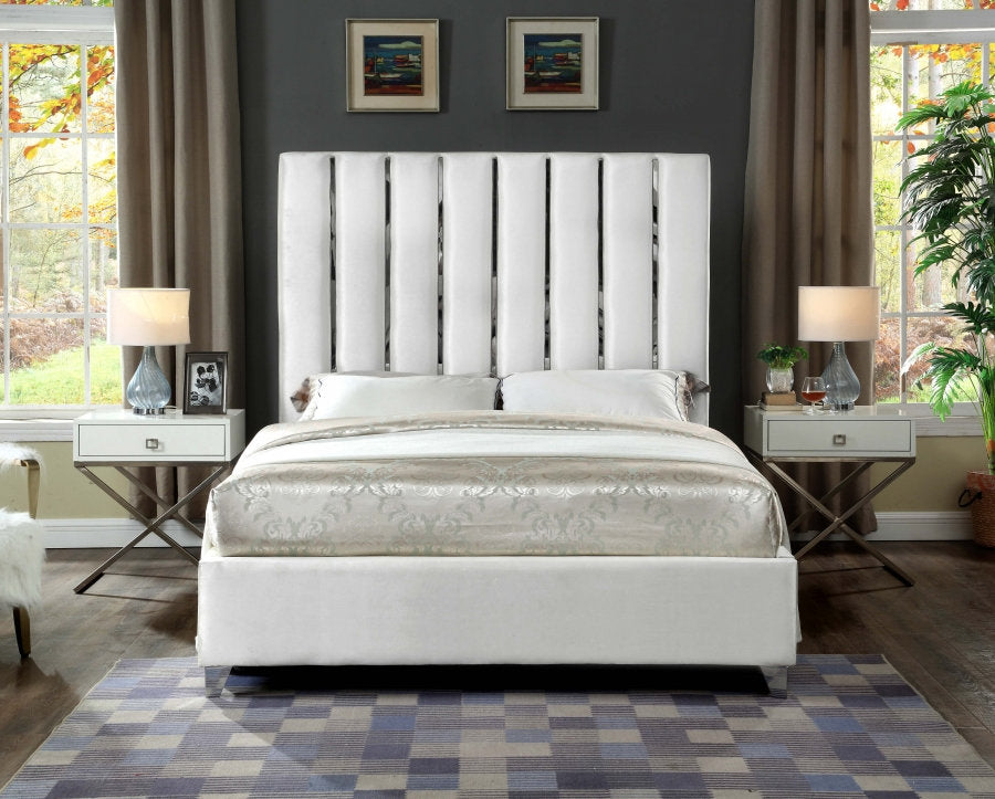 Velvet White Bed with Chrome Channel Tufted Headboard – I5622
