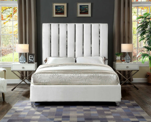 Velvet White Bed with Chrome Channel Tufted Headboard – I5622