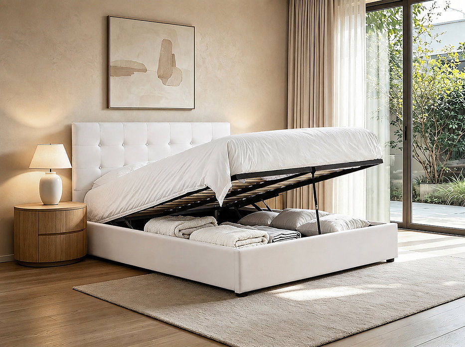 Cream Upholstered Storage Bed with Hydraulic Lift-Up Storage-I5446