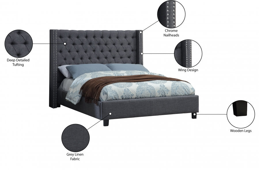 Grey Fabric Wing Platform Bed with Deep Button Tufting & Nailhead Details-I5897