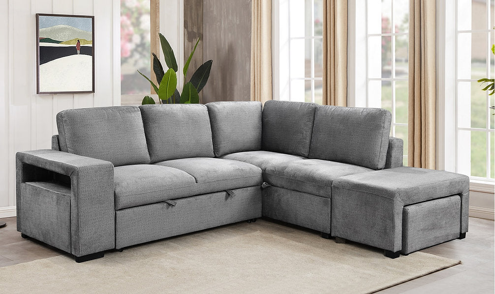 Modern Grey RHF Sofa Bed Sectional with Storage & Ottoman-I9035