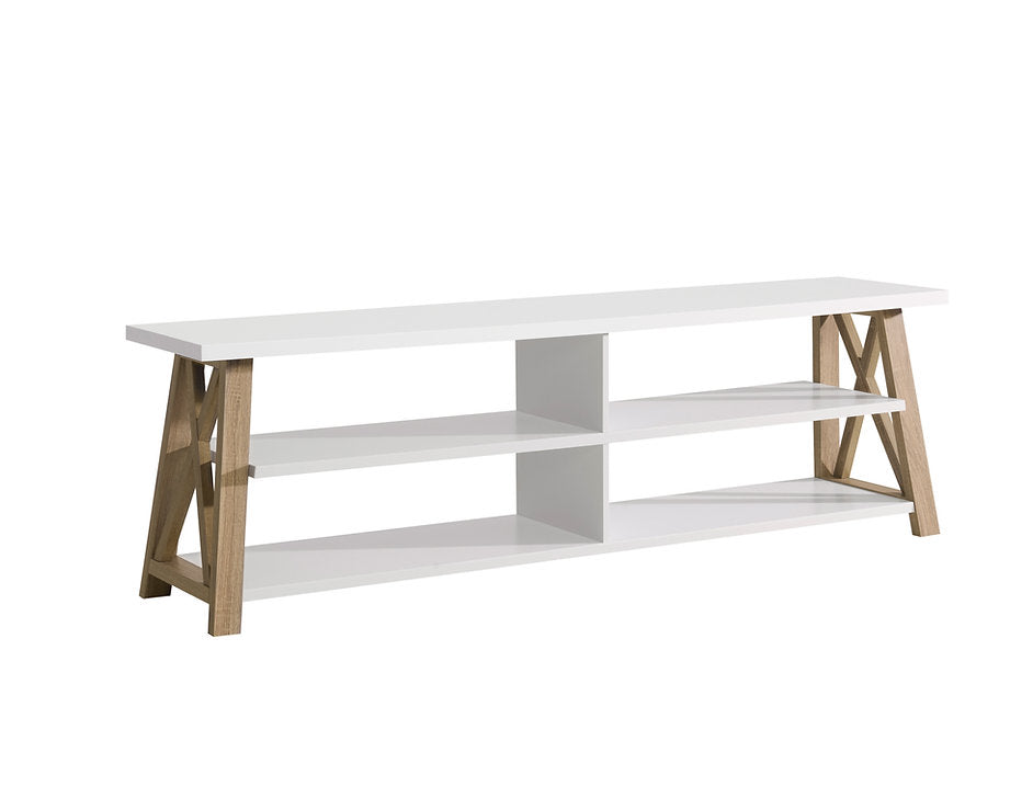 Modern TV Stand with X-Frame Design – White & Natural Finish-I5009