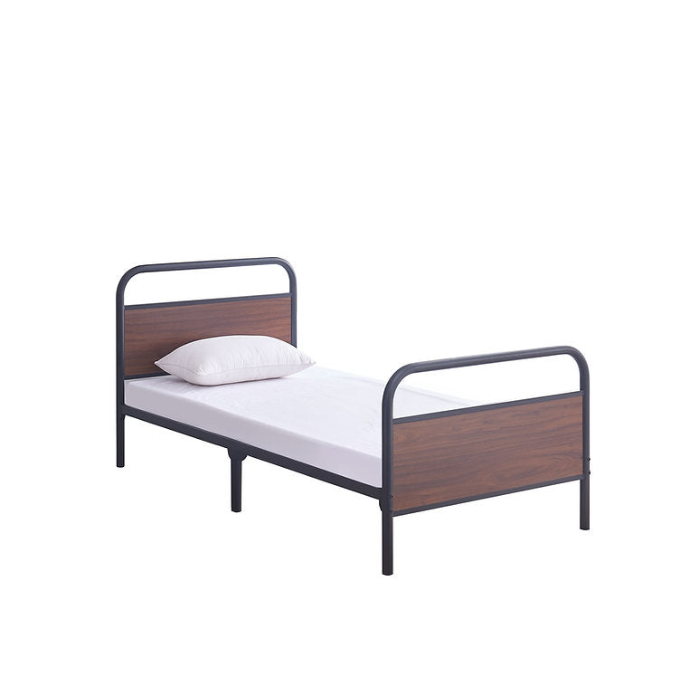 Modern Industrial Metal Bed with Wood Panel Accents-I5255