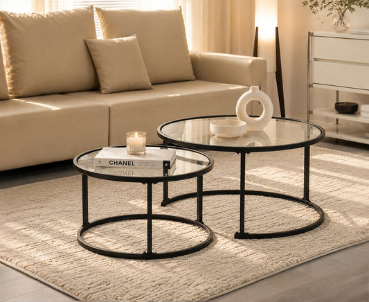 Modern Round Glass Nesting Coffee Tables – Set of 2 with Matte Black Steel Frame-I2611