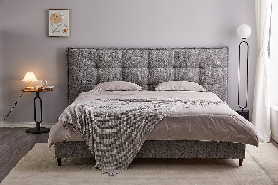 Soft Grey Boucle Platform Bed -I5940