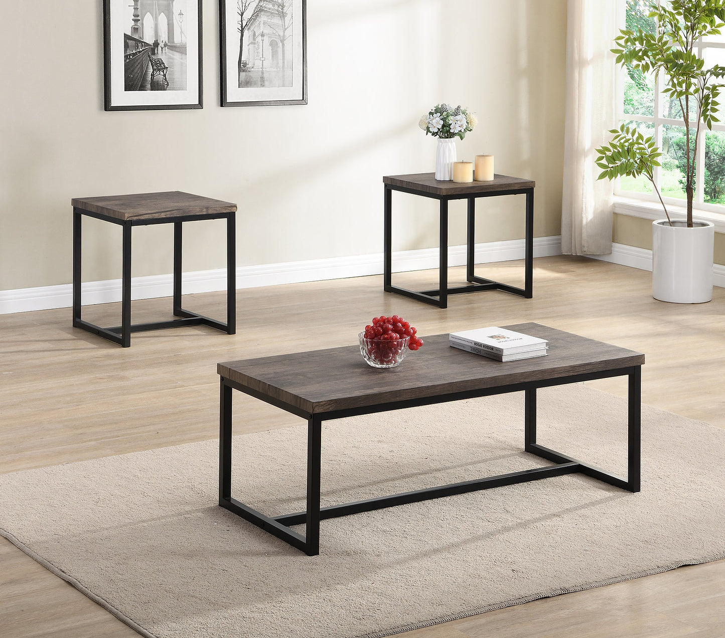 3-Piece Coffee Table Set with Wood Top & Black Metal Base-I3230