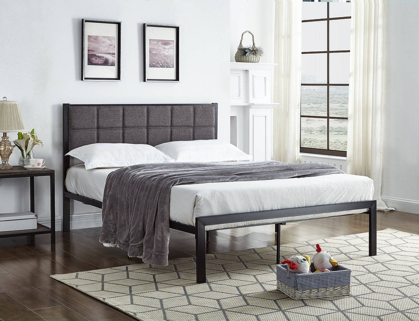 Black Metal Platform Bed with Padded Grey Fabric Headboard-I105