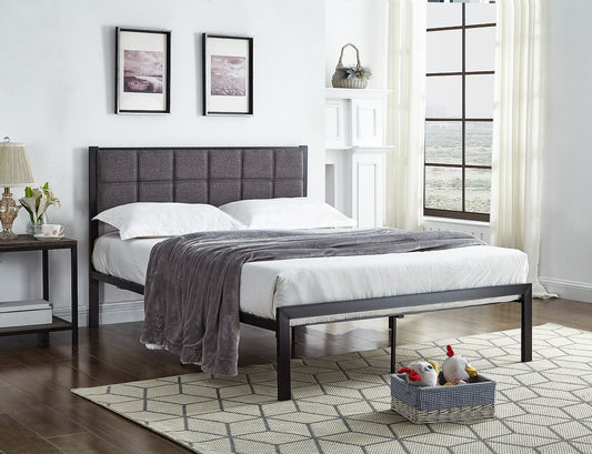 Black Metal Platform Bed with Padded Grey Fabric Headboard-I105
