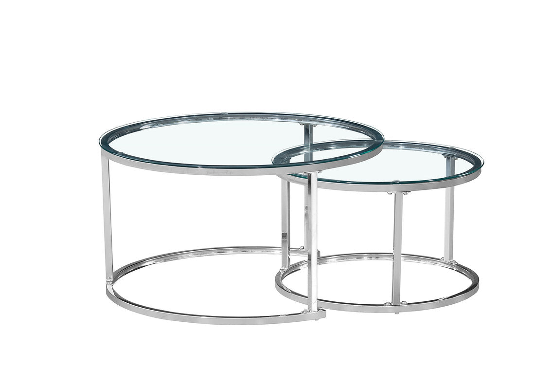 Modern Round Glass Nesting Coffee Tables – Set of 2 with Chrome Steel Frame -I2610