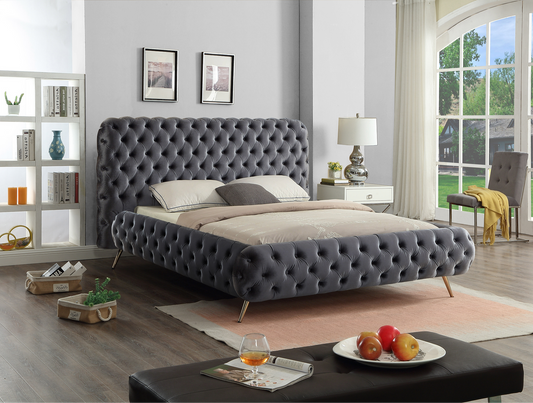 Grey Velvet Tufted Bed Frame-I5865