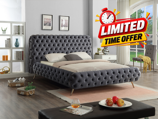 Grey Velvet Upholstered Platform Bed with Deep Button Tufting-I5865