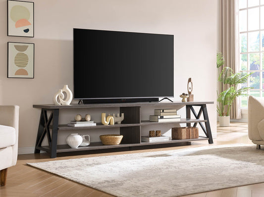 Modern Extra-Wide TV Stand with X-Frame Design – Black & Distressed Grey Finish-I5012