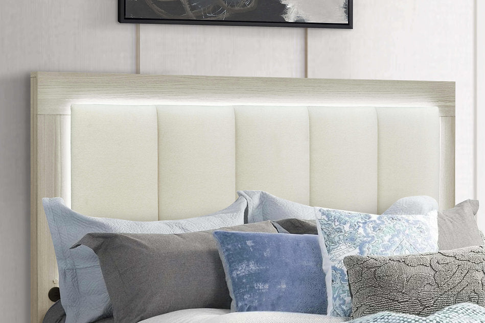 Emma Natural Bedroom Collection with LED Headboard, USB Charging & Storage Bed-Emma (Natural-White)