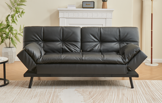 Modern Black PU Leather Sofa Bed with Adjustable Armrests & Memory Foam-I8050