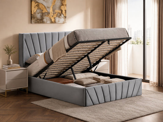 Luxury Velvet Hydraulic Storage Platform Bed – Queen & King | 3 Colours-I5870