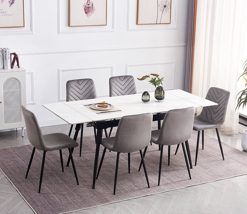 Extendable Sintered Stone Dining Table Set with Grey Velvet Chairs-I1818