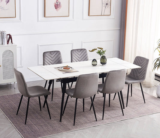 Extendable Sintered Stone Dining Table Set with Grey Velvet Chairs-I1818