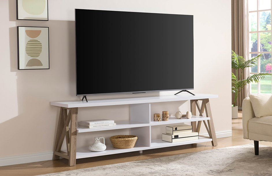 Modern TV Stand with X-Frame Design – White & Natural Finish-I5009