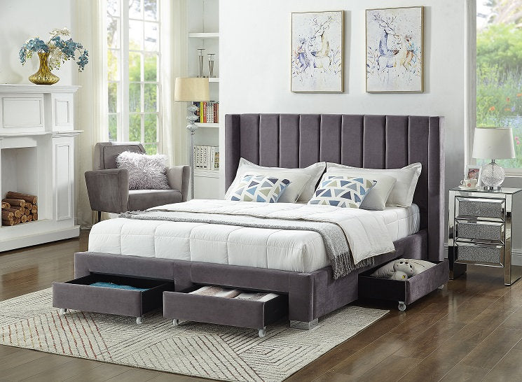 Modern Velvet Wing Storage Bed with Drawers-I5310