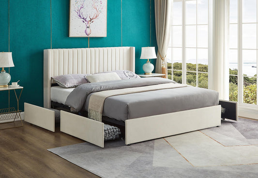 Cream Velvet Wingback Storage Bed-I5407