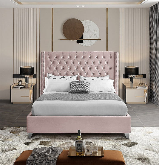 Contemporary Velvet Wingback Platform Bed – Dusty Pink-I5895