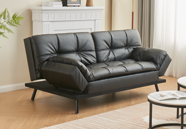 Modern Black PU Leather Sofa Bed with Adjustable Armrests & Memory Foam-I8050