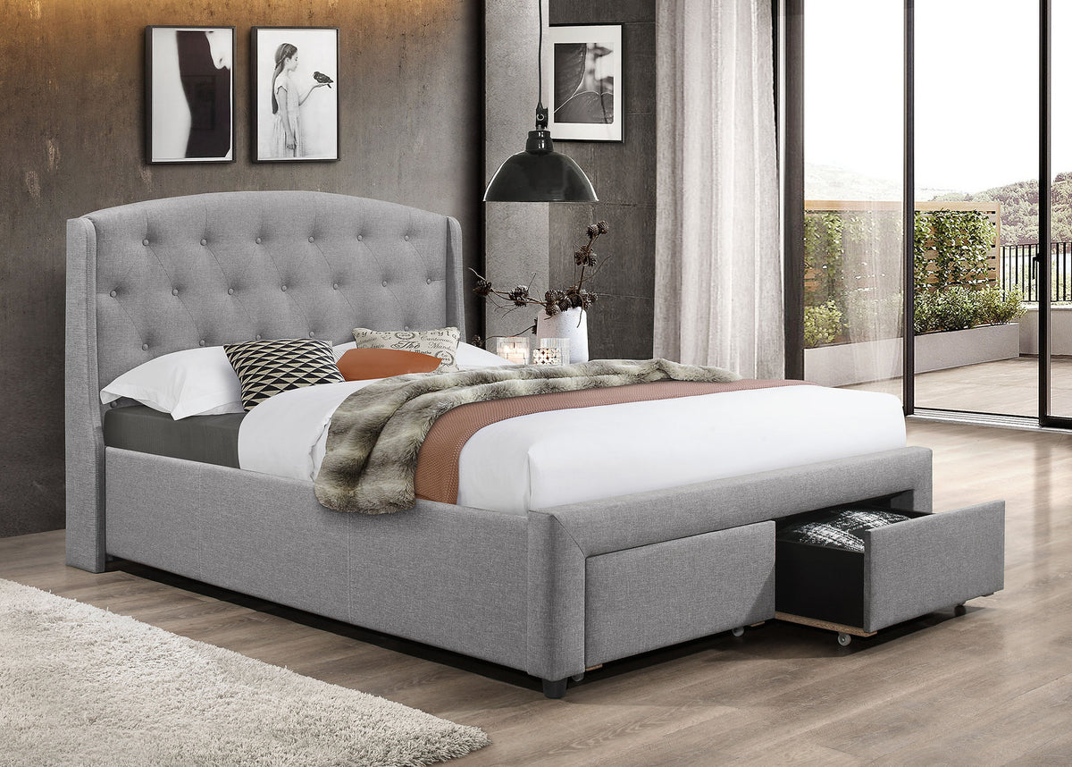 Grey Upholstered Storage Platform Bed with 2 Front Drawers-I5290