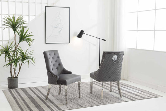 Set of 2 Velvet Dining Chairs with Chrome Lion Knocker-I1250