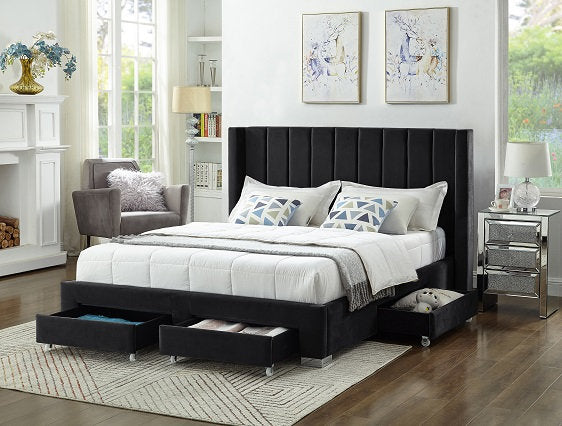 Modern Velvet Wing Storage Bed with Drawers-I5310