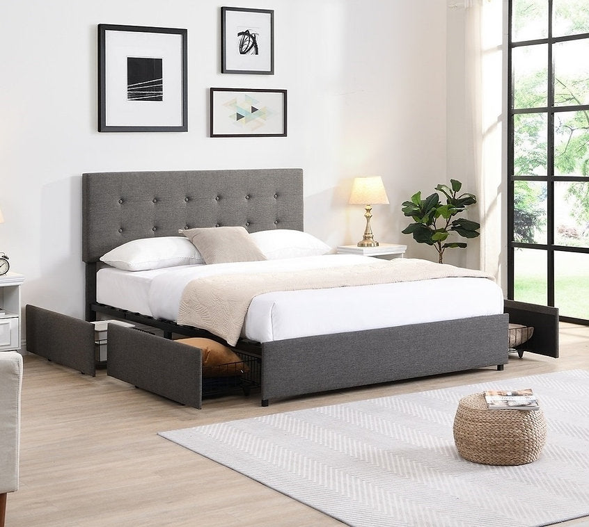 Grey Upholstered Platform Storage Bed with 4 Pull-Out Drawers-I5693