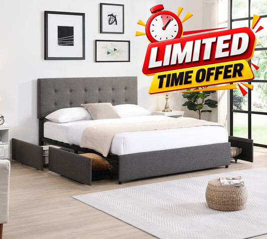 Grey Upholstered Platform Storage Bed with 4 Pull-Out Drawers-I5693