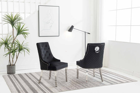 Set of 2 Velvet Dining Chairs with Chrome Lion Knocker-I1251