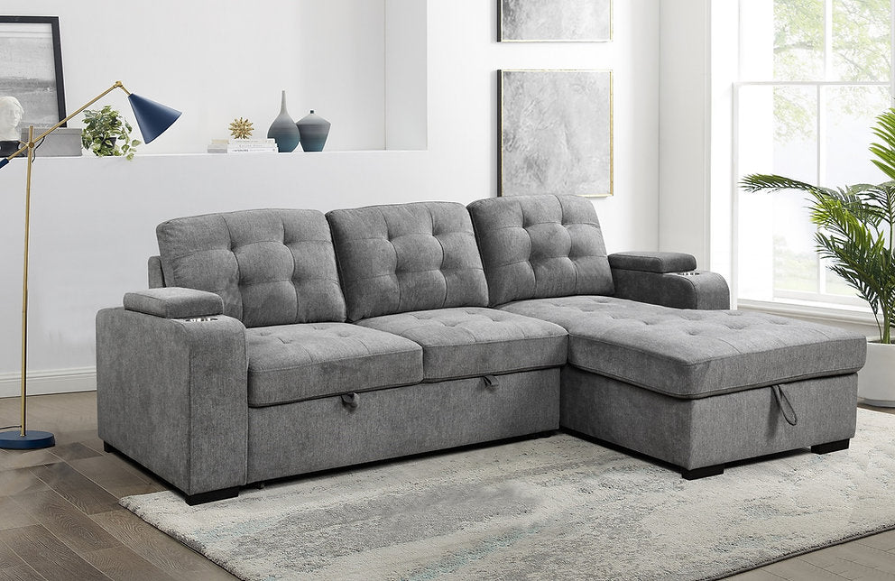 Pull-Out Sofa Bed Sectional with Storage Chaise & Cup Holders-I9050(1)