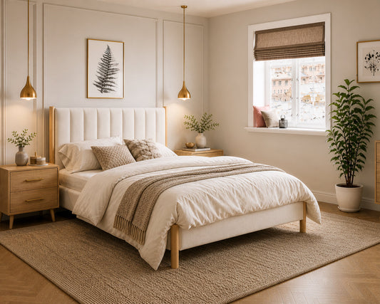 Scandinavian Upholstered Platform Bed with Oak Finish-I5917