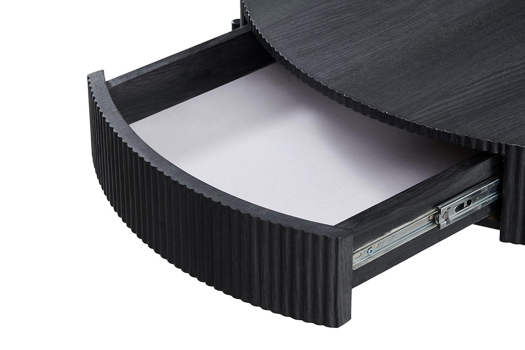 Matte Black Round Coffee Table with Hidden Storage Drawer & Ribbed Detail-I3212