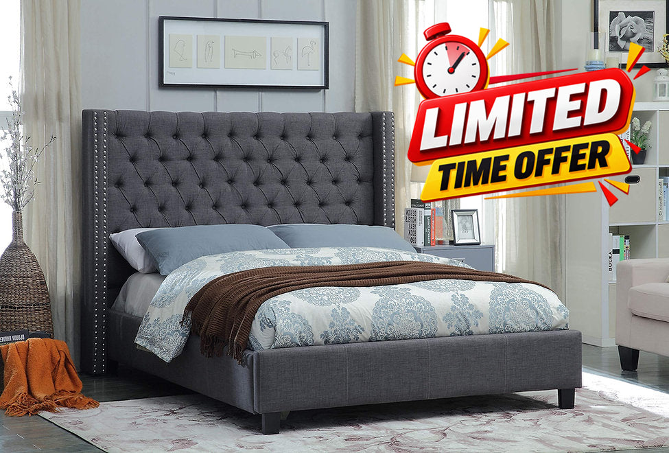 Grey Fabric Wing Platform Bed with Deep Button Tufting & Nailhead Details-I5897