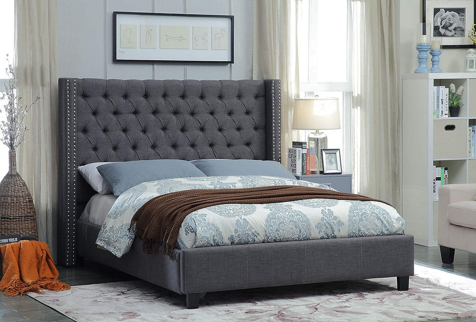 Grey Fabric Wing Platform Bed with Deep Button Tufting & Nailhead Details-I5897